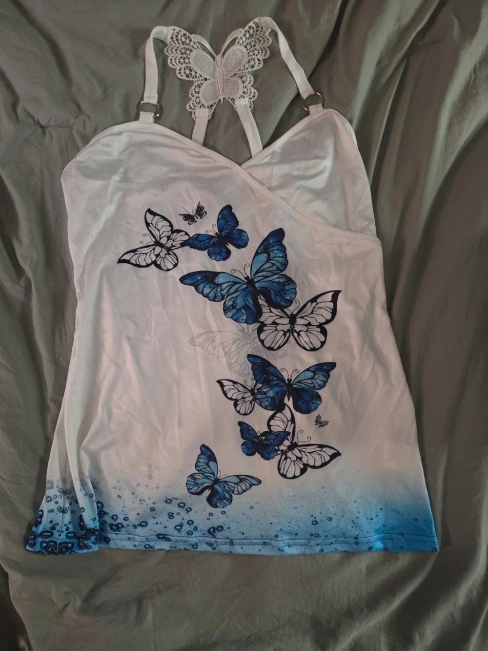 White Butterfly Print Cami Tank Top with Lace Back